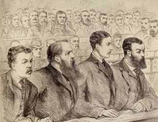 Przesłuchanie przywódców Social Democratic Federation w sądzie policyjnym przy Bow Street, z The Illustrated London News, 27 lutego 1886
